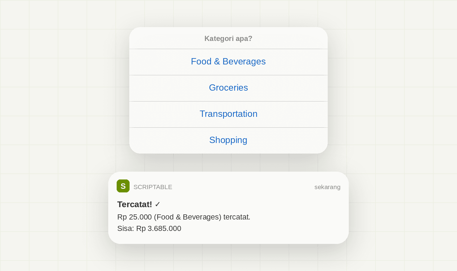 Menu kategori pengeluaran dan notifikasi pencatatan berhasil